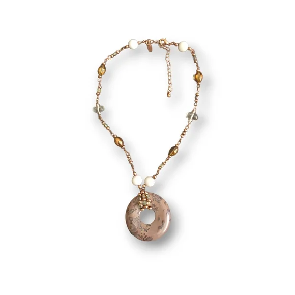 Lia Sophia | NWOT Pretty Boho Circle Stone Pendant Bronze Tone Beaded Necklace - Picture 2 of 7